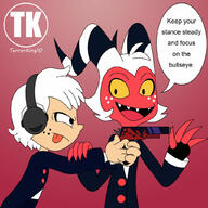 alternate_outfit bow_tie character:lincoln_loud crossover demon dialogue fanfiction fanfiction:a_loud_among_demons freckles helluva_boss helluvaboss human moxxie pistol tagme // 1024x1024 // 137KB