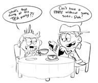 2016 artist:dipper beverage character:lana_loud character:lola_loud dialogue holding_beverage sitting sketch tea_party text // 690x590 // 164KB