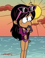 2023 aged_up alternate_hairstyle alternate_outfit artist:kyloroud95 beach beverage bikini character:ronnie_anne_santiago cleavage cloud hair_down holding_beverage looking_up midriff open_hoodie solo sun sunglasses swimsuit water // 2000x2600 // 587KB
