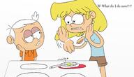 2016 artist:vinnietwotoes character:lincoln_loud character:lori_loud cooking dialogue egg fanfiction:being_more_than_a_bossy_sister looking_at_another text unusual_pupils // 2613x1491 // 438KB