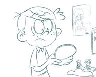 2016 artist:jcm2 character:lincoln_loud character:lola_loud character:luan_loud character:lucy_loud character:lynn_loud figure hand_support holding_object looking_down mouse_pad sitting // 1280x1024 // 470KB