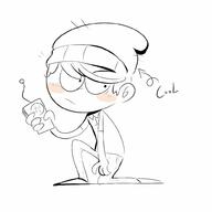 2016 artist:sara4004 beanie blushing character:lincoln_loud holding_object on_knees solo text walkie_talkie westaboo_art // 1000x1000 // 63KB
