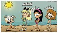 artist:nicktheirkenartist beach bikini character:jackie character:leni_loud character:lincoln_loud character:mandee running smiling swimsuit // 2871x1657 // 579KB