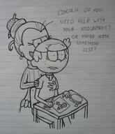 2017 agnescoln artist:adullperson burger chair character:agnes_johnson character:lincoln_loud dialogue drawing frowning gender_symbol hand_on_chest hand_on_shoulder open_mouth pencil sitting smiling table text // 1182x1372 // 216KB