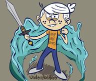 2017 artist:underratedhero character:lincoln_loud fist frowning looking_at_viewer magic parody percy_jackson pose solo sword text water // 859x719 // 164KB