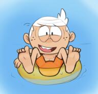 2016 artist:dipper character:lincoln_loud coloring feet inner_tube looking_at_viewer solo swim_trunks swimsuit // 550x525 // 200KB