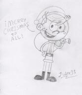 2016 alternate_outfit artist:julex93 bag character:lincoln_loud christmas dialogue hand_on_hip holding_object looking_at_viewer open_mouth santa_hat santa_outfit sketch smiling solo text // 448x517 // 47KB