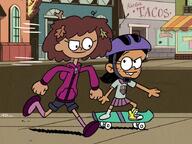 2020 amphibia artist_request character:anne_boonchuy character:ronnie_anne_santiago clothes_swap crossover helmet looking_at_another raised_eyebrow running skateboard skateboarding smiling // 900x675 // 126KB