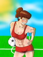 2016 abs aged_up artist:rigova ball character:lynn_loud muscular_female pose soccer_ball sportswear // 600x800 // 419KB
