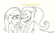 2017 artist:tmntfan85 batman character:luan_loud character:maggie dialogue grin half-closed_eyes hand_on_chin looking_at_another luaggie open_mouth parody raised_eyebrow sketch smiling text yuri // 977x588 // 227KB