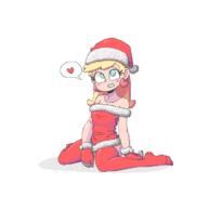 2019 artist:big-neamo character:leni_loud christmas christmas_dress heart holiday looking_at_viewer on_knees santa_hat smiling socks solo thigh_highs westaboo_art // 709x674 // 12KB