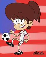 alternate_outfit artist:alexl1196 ball character:lynn_loud kicking looking_at_viewer smiling soccer soccer_ball solo source_request sports sportswear // 1132x1400 // 104KB
