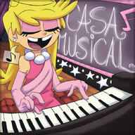 2021 artist:marcustine character:lola_loud couch cover eyes_closed fanfiction:casa_musical instrument open_mouth piano singing sitting smiling solo spanish text // 894x894 // 142KB