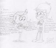 2017 artist:julex93 blushing character:lincoln_loud character:luna_loud dialogue half-closed_eyes hands_together holding_object lenicoln looking_down loricoln luancoln lucycoln lunacoln lynncoln open_mouth pencil raised_eyebrow sketch spanish text writing // 845x719 // 142KB