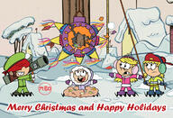 2021 artist:monsterfan50 bazooka blindfold candy character:lana_loud character:lily_loud character:lisa_loud character:lola_loud christmas group piñata snow text winter_clothes // 1280x874 // 274KB