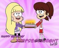 artist:bryon1402 birthday cake character:lynn_loud crossover gravity_falls holding_object pacifica_northwest smiling text // 2149x1742 // 338KB