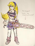 2017 artist:pikapika212 big_breasts chainsaw character:carol_pingrey character:lincoln_loud cleavage disembodied_head lollipop_chainsaw midriff open_mouth parody smiling solo text // 3024x3977 // 2.5MB