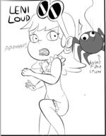 2017 artist:extricorez character:leni_loud doll looking_to_the_side open_mouth raised_leg scared solo spider squinting text // 426x546 // 62KB