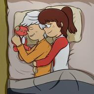 bed character:lincoln_loud character:lynn_loud eyes_closed holding_object hugging looking_at_another lying lynncoln pillow plush sleeping smiling // 1772x1781 // 245KB