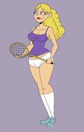 aged_up alternate_hairstyle artist:chillguydraws au:thicc_verse character:whitney gravity_falls gym_clothes gym_shorts holding_object smiling solo sportswear tennis_racket // 2100x3300 // 532KB