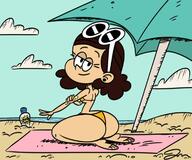 2019 artist:jose-miranda ass background_character beach bikini character:thicc_qt half-closed_eyes looking_at_viewer looking_back on_knees smiling solo sunscreen swimsuit tagme thick_thighs towel umbrella wide_hips // 1160x966 // 109KB