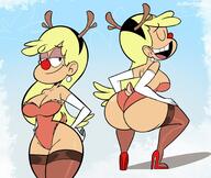 2020 artist:atomickingboo ass cameltoe character:leni_loud christmas christmas_outfit cleavage commission commissioner:slim2k16 holiday looking_at_viewer nude pantyhose rear_view reindeer_ears smiling solo squatting thick_thighs wide_hips // 2048x1728 // 337KB