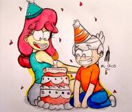 artist:mculico birthday cake character:becky character:lincoln_loud looking_at_another on_knees party_hat smiling // 720x611 // 71KB