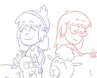2022 artist:adullperson character:gloom_loud character:marla_roberts eyes_closed goat looking_down love_child maggiecoln margocoln ocs_only original_character petting sheep sketch smiling // 749x609 // 178KB