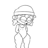 2021 artist:sl0th blushing cameltoe character:lana_loud chubby cleavage looking_to_the_side nipple_outline one_piece_swimsuit small_breasts solo swim_cap swimsuit thick_thighs wide_hips // 800x800 // 42KB