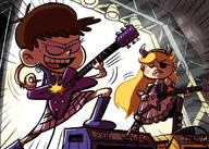 2017 artist:좆짤러 biting_lip character:luna_loud character:star_butterfly crossover eyepatch eyes_closed frowning guitar instrument open_mouth raised_leg smiling star_vs_the_forces_of_evil // 700x500 // 210KB