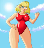 2022 alternate_outfit artist:julex93 beach character:rita_loud cloud cross from_below frowning half-closed_eyes hand_on_hip lifeguard looking_down one_piece_swimsuit smiling solo sun swimsuit // 2000x2200 // 1.5MB