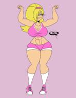 aged_up alternate_hairstyle alternate_outfit alternate_universe artist:chillguydraws au:thicc_verse character:lola_loud flexing gym_clothes muscular_female pose smiling solo // 2550x3300 // 573KB