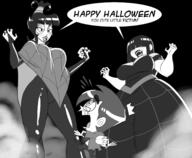 aged_up artist:aeolus bare_breasts beetlejuice big_breasts black_and_white character:lucy_loud character:lydia_deetz character:ryan_the_fairy_godparent crossover dialogue fangs halloween holiday leather lipstick original_character sketch // 2695x2222 // 794KB