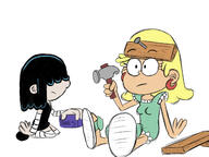 2016 artist:jumpjump character:leni_loud character:lucy_loud hammer holding_object looking_at_another open_mouth parody sitting spongebob_squarepants // 1600x1200 // 687KB
