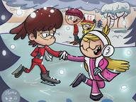 2022 artist:louddefender character:lana_loud character:lincoln_loud character:lola_loud character:lynn_loud earmuffs eyes_closed hand_holding holding_object ice_skating looking_at_another sign smiling snow winter_clothes // 1600x1200 // 291KB