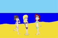 2022 alternate_outfit artist:marcusmilton1993 beach bikini character:betty character:carla_pingrey character:danny feet half-closed_eyes hand_behind_back hand_behind_head hand_on_hip holding_arm looking_at_viewer midriff ocs_only original_character pose smiling swimsuit tagme water // 763x501 // 70KB