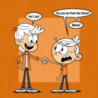 2022 aged_up artist:alejindio character:lincoln_loud commissioner:theamazingpeanuts dialogue looking_at_another shaking_hands square_crossover // 1953x1944 // 1.6MB