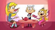 2016 alternate_outfit artist_request beverage bow_tie character:carol_pingrey character:lincoln_loud character:lola_loud coloring drinking holding_beverage holding_object looking_at_another sitting smiling suit tea_party teapot // 1100x607 // 473KB