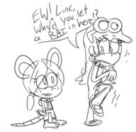 2020 animalization artist:puppyface barefoot character:leni_loud character:ronnie_anne_santiago dialogue la_ratona looking_at_another raised_leg scared shaking sketch // 441x427 // 77KB