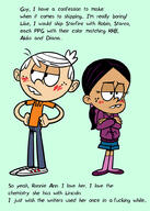 2018 arms_crossed artist:xierra099 blushing character:lincoln_loud character:ronnie_anne_santiago frowning half-closed_eyes hands_on_hip interracial looking_to_the_side ronniecoln simple_background text // 712x1000 // 247KB