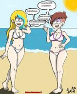 2021 alternate_outfit artist:keichi_x beach bikini character:luna_loud character:sam_sharp cleavage dialogue feet freckled_ass freckled_breasts freckled_hips freckled_shoulders half-closed_eyes hand_behind_head hand_on_hip looking_at_another midriff nipple_outline open_mouth saluna shadow smiling spanish sun swimsuit text water yuri // 962x1171 // 141KB