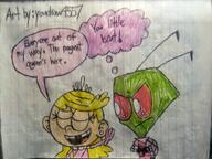 2021 artist:youdraw4557 character:lola_loud character:zim crossover dialogue eyes_closed frowning invader_zim open_mouth raised_arm raised_eyebrow smiling text thought_bubble // 2279x1708 // 833KB