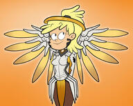 2016 artist:scobionicle99 character:leni_loud character:mercy cosplay hands_behind_back looking_up overwatch parody smiling solo // 2000x1600 // 570KB