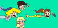 2023 angry artist:syfyman2xxx blushing character:leni_loud character:lori_loud character:luan_loud character:luna_loud chasing frowning group looking_at_another looking_at_viewer mermaid open_mouth simple_background smiling swimming topless underwater water // 1429x684 // 61KB