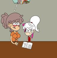 2nd_gen_sinkids aged_up artist:nicksfa book character:lacy_loud character:leda_loud character:lincoln_loud comic lacycoln looking_at_another original_character sin_kids super_abomination thought_bubble // 1292x1302 // 300KB