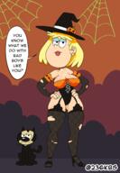 2021 artist:236kbs big_breasts character:cliff character:rita_loud costume dialogue halloween holiday looking_at_viewer nipple_outline ripped_clothing tagme talking_to_viewer text thick_thighs wide_hips witch_hat // 1640x2360 // 794KB