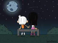 2019 artist:smvartist bench character:jackie character:lincoln_loud grass hand_holding interracial jackiecoln looking_stars looking_up moon night sitting stars tagme // 1920x1441 // 207KB