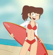 2020 aged_up artist:jmdx64 artist:jmx64 beach bikini character:lynn_loud solo source_request surfboard swimsuit water // 988x1024 // 81KB