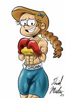 2023 abs alternate_outfit artist:dbz619 boxing boxing_gloves character:girl_jordan commission commissioner:david_martin looking_at_viewer muscular muscular_female smiling solo sweat text // 800x1200 // 133KB