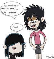 2016 artist:jboy32x bags_under_eyes character:lucy_loud character:noodle crossover dialogue gorillaz half-closed_eyes hands_on_hips looking_down open_mouth smiling text // 1245x1350 // 378KB